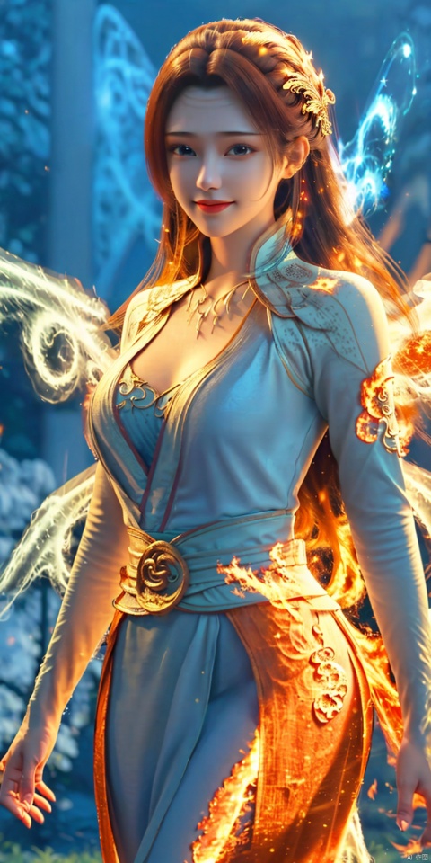  masterpiece, 1 girl, Look at me, Long hair, Flame, A magical scene, glowing, Floating hair, realistic, Nebula, An incredible picture, The magic array behind it, Stand, textured skin, super detail, best quality, r,dress, yunyun, ((poakl)),looking_at_viewer,kind smile,Dynamic pose,wings