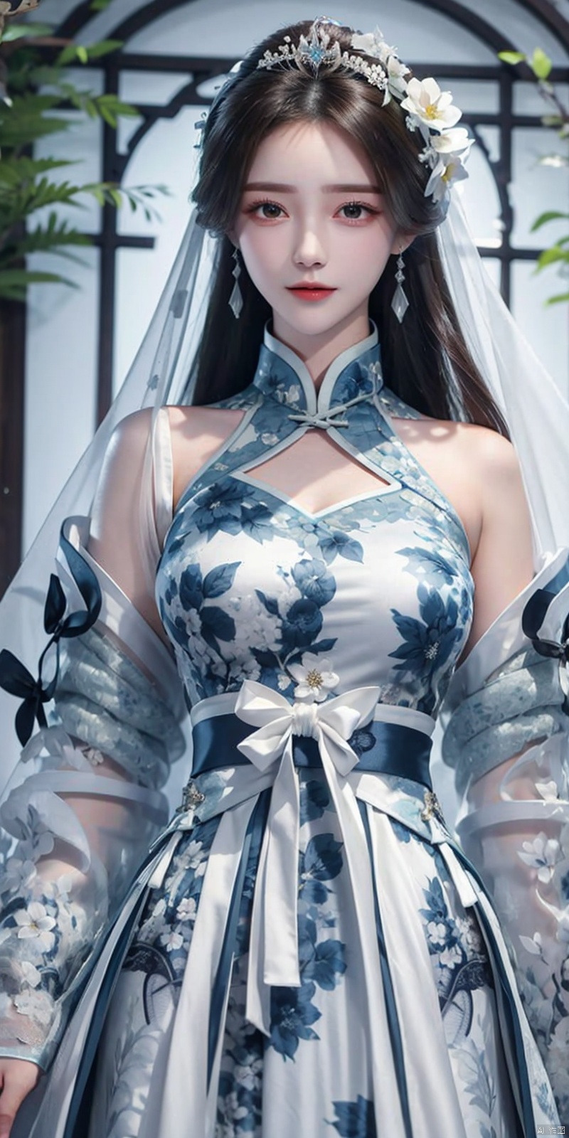  cowboy shot,(Good structure), DSLR Quality,Depth of field,kind smile,looking_at_viewer,Dynamic pose,,masterpiece, The best quality, 1girl, luxurious wedding dress, dreamy scene, white background, front viewer, looking at viewer, Flowers, romantic, Bride, Translucent white turban, UHD, 16k, , sparkling dress, , white stockings, , chinese dress,white dress,long hair,
chinese clothes,dress,white dress,floral print,china dress,blue dress,hanfu,long sleeves,print dress,robe,skirt,sleeveless dress,widesleeves, weddingdress, , ((poakl)),,, liushen