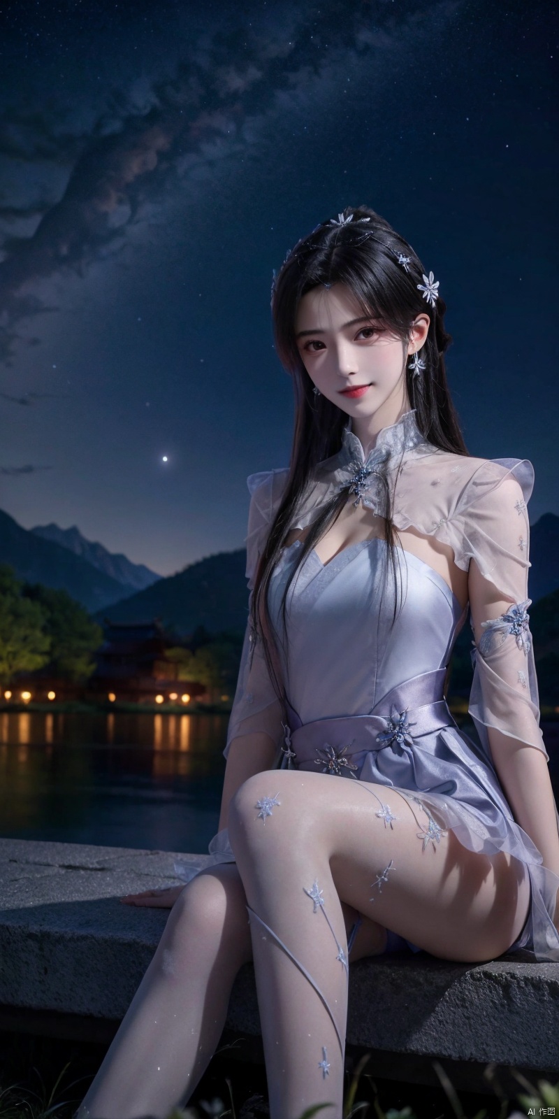 best quality, masterpiece, ,(Good structure), DSLR Quality,Depth of field,kind smile,looking_at_viewer,Dynamic pose, realistic ,
On the mountaintop, you can see the starry sky, and a beautiful girl is sitting on the grass. It is a masterpiece of a master, with stunning beauty, eye close-up, natural beauty, long legs, and short skirt, ,blackpantyhose, xiaqingyue