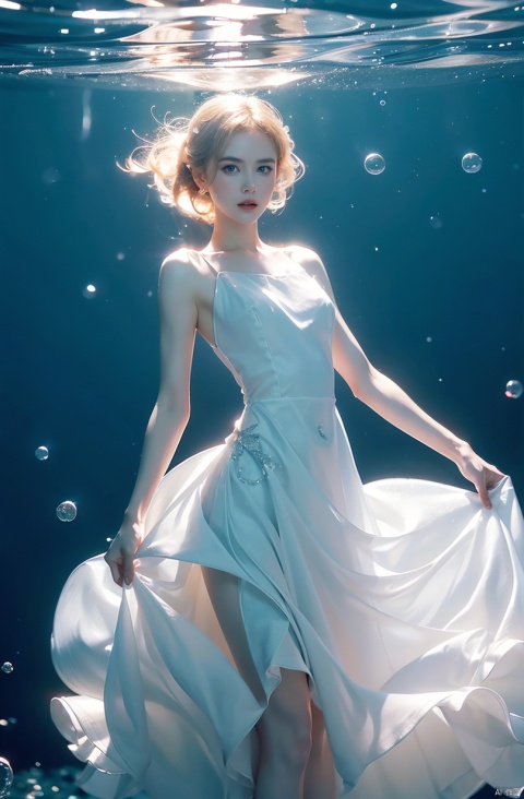  (1girl:1.2),stars in the eyes,(pure girl:1.1),(white dress:1.1),(full body:0.6),There are many scattered luminous petals,bubble,contour deepening,(white_background:1.1),cinematic angle,nike,underwater,adhesion,green long upper shan,