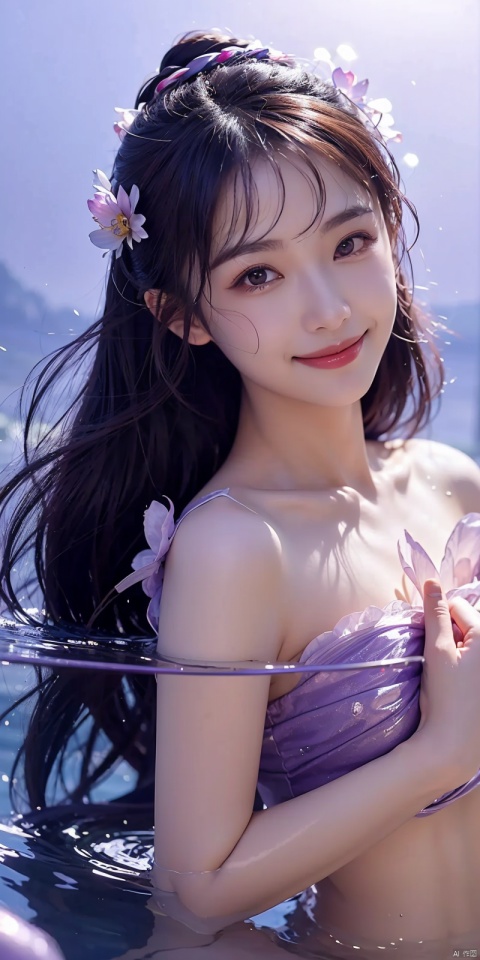  DSLR Quality,Depth of field ,looking_at_viewer,Dynamic pose, , kind smile,
1 girl,(Purple light effect),hair ornament,jewelry,looking at viewer,flower,floating hair,water,underwater,air bubble,submerged

, lianmo