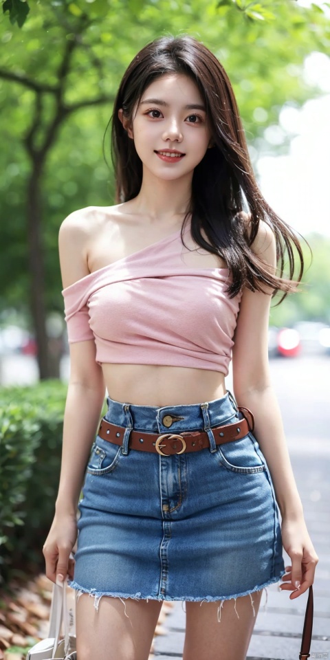  best quality, masterpiece, cowboy_shot,(Good structure), DSLR Quality,Depth of field,kind smile,looking_at_viewer,Dynamic pose,
 1girl, 3d, bare_shoulders, belt, blurry, blurry_background, blurry_foreground, branch, , , , collarbone, cosplay_photo, denim, denim_skirt, depth_of_field, , lips, long_hair, looking_at_viewer, midriff, miniskirt, motion_blur, navel, outdoors, photo_\(medium\), realistic, skirt, solo, standing, tree, , , , , jinmai
