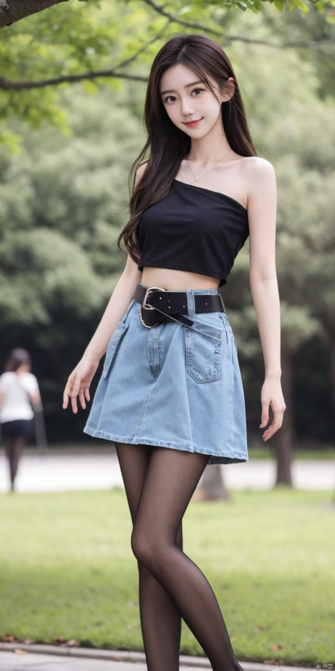  best quality, masterpiece, full_body,(Good structure), DSLR Quality,Depth of field,kind smile,looking_at_viewer,Dynamic pose,
 1girl, 3d, bare_shoulders, belt, blurry, blurry_background, blurry_foreground, branch, , , , collarbone, cosplay_photo, denim, denim_skirt, depth_of_field, , lips, long_hair, looking_at_viewer, midriff, miniskirt, motion_blur, navel, outdoors, photo_\(medium\), realistic, skirt, solo, standing, tree, , , , blackpantyhose, , , , , , angel