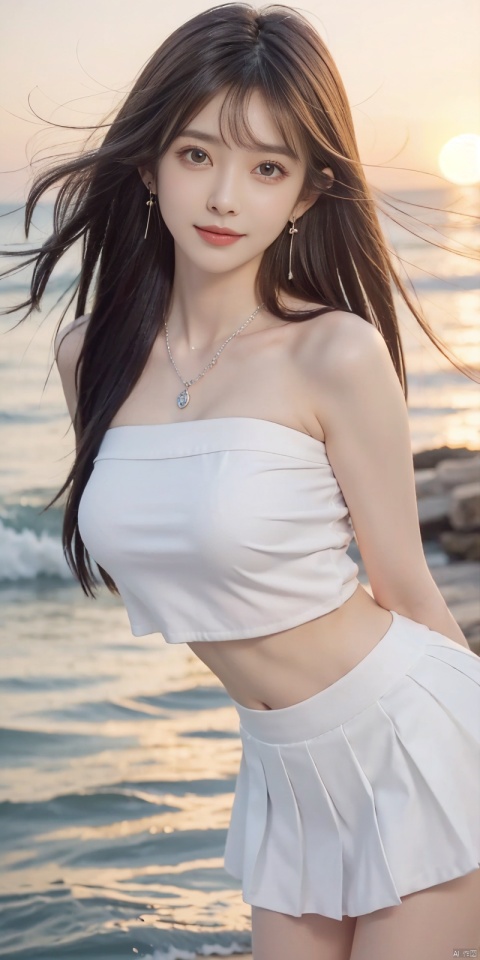  (Good structure),cowboy_shot, DSLR Quality,Depth of field ,looking_at_viewer,Dynamic pose, , kind smile,,
1girl, solo, long hair, , looking at viewer, skirt, hair ornament, bare shoulders, jewelry, , black hair, earrings, outdoors, midriff, water, necklace, lips, crop top, grey eyes, leaning forward, ocean, white skirt, strapless vest, sunset, sun, wangyushan