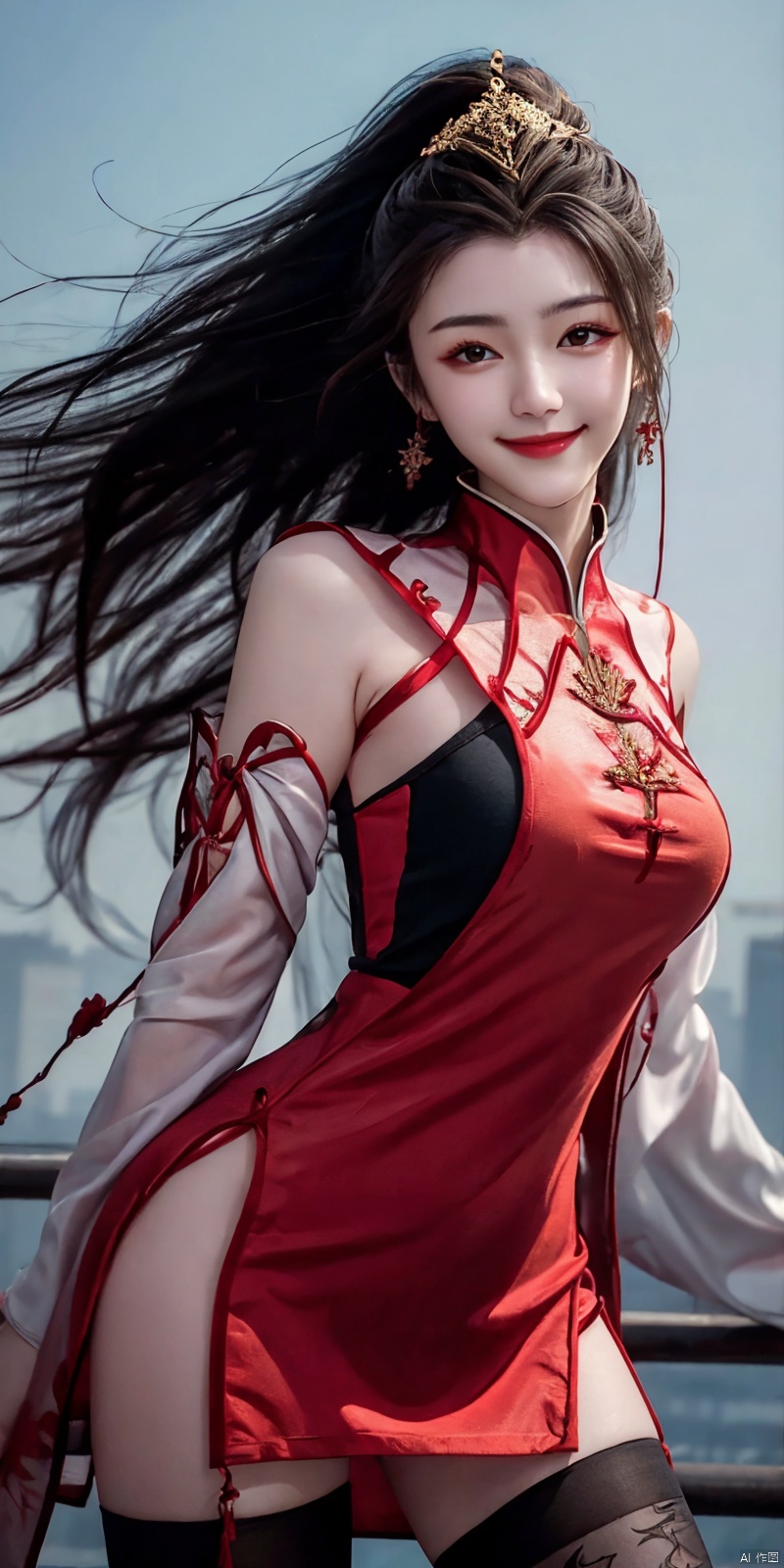  best quality, masterpiece, cowboy_shot,(Good structure), DSLR Quality,Depth of field,kind smile,looking_at_viewer,Dynamic pose, 
,,, (high definition: 1.0), (HD: 1.0), , (ultra resolution: 1.0), (4K: 1.0), (photorealistic: 1.0), (realistic: 1.0), , (professional photography: 1.0), (DSLR quality: 1.0), , (detailed: 1.0), (sharp focus: 1.0), , (masterpiece: 1.2), (epic shot: 1.2),
 Cinematic, , Natural lighting, , solo, 1girl,Wind, flowing hair, kind smile, , pose for picture, Dynamic pose, looking_at_viewer,
A young model in Chinese dress poses with her arms leisurely, in front of divine light with silhouette light illuminating the edges of the long curly hair, snowflake, outdoors,
Excellent skin texture, gaze deeply, cheerful atmosphere, in the style of eye-catching resin jewelry, matte photo, minimalist beauty, meticulous linework precision, The background is a bustling city,High resolution,8K, neo-chinese style, huayu, 1girl,police,thighhighs, , , , Detail, china dress, blackpantyhose, , dress, , ,  , jiujiu
