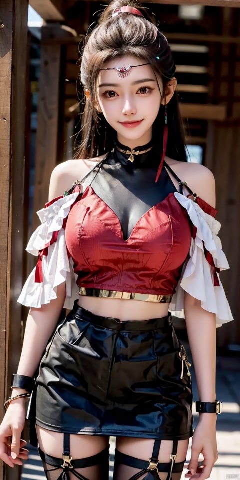  nai3, 1girl, solo, crop top, choker, miniskirt , navel, shirt, midriff, crop top overhang, looking at viewer, white shirt, jewelry, breasts, cowboy shot, bare shoulders, off-shoulder shirt, off shoulder, black choker, thighs, stomach, hand on own thigh, long hair, bracelet, short sleeves, ribbon, hand up, collarbone, hair ribbon, medium breasts, standing, , , bra strap, kind smile, hair ornament, thigh gap, bangs, necklace, expressionless,,kind smile , , blackpantyhose, , Dynamic pose,,liuqiyue