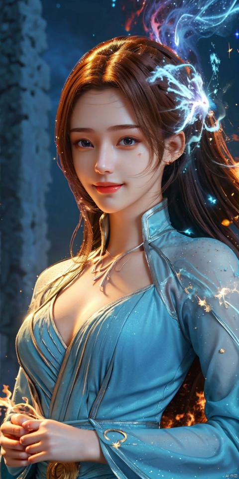  masterpiece, 1 girl, Look at me, Long hair, Flame, A magical scene, glowing, Floating hair, realistic, Nebula, An incredible picture, The magic array behind it, Stand, textured skin, super detail, best quality, r,dress, yunyun, ((poakl)),looking_at_viewer,kind smile,Dynamic pose
