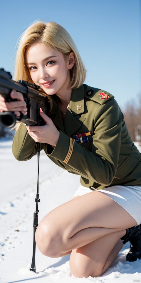  one blonde women wearing tight military uniforms,Kneeling on one knee, White military uniform, pencil_skirt,aiming action,holding an assault rifle in her hand, snow, highly detailed, ultra-high resolution, 32K ultra high definition, best quality, masterpiece, android 18,kind smile