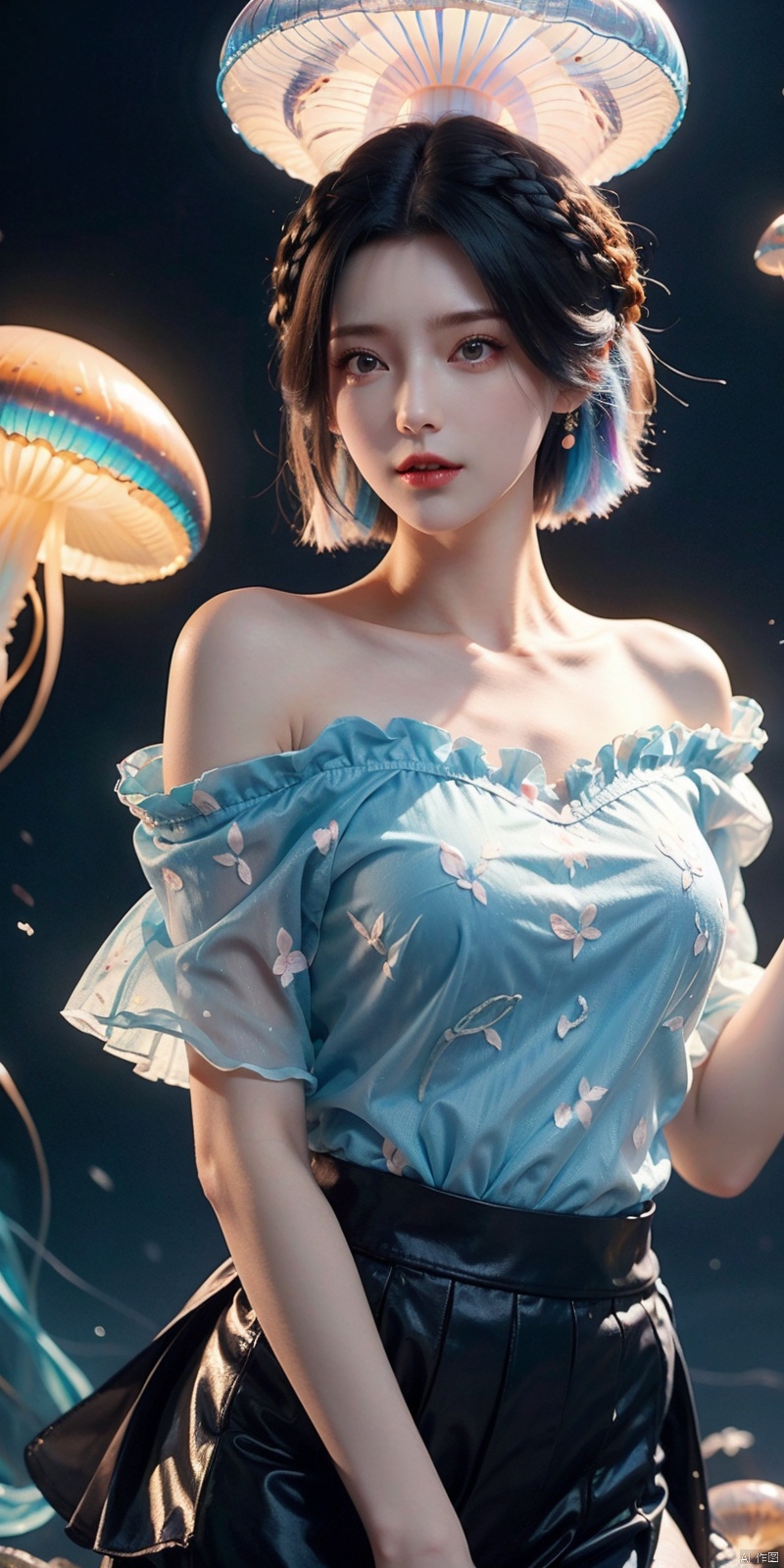  Colorful Girl, 1Girl,Colorful jellyfish, colorful jellyfish floating in the air,Close shot, large jellyfish on head, front, upper body, above thighs, blue **** top dress, complex fluid shaped colored short skirt at waist, off shoulder, colorful print, looking at the camera, colored gradient hair, dark gradient background, depth of field, glow, hand101, 1girl, jiangli