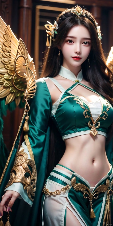  Good structure), DSLR Quality,Depth of field,kind smile,looking_at_viewer,Dynamic pose,,1girl, solo, long hair, breasts, looking at viewer, hair ornament, navel, cleavage, jewelry, medium breasts, standing, , wings, nail polish, feathered wings,liushen



,moyou, liushen, ((poakl)), 1girl