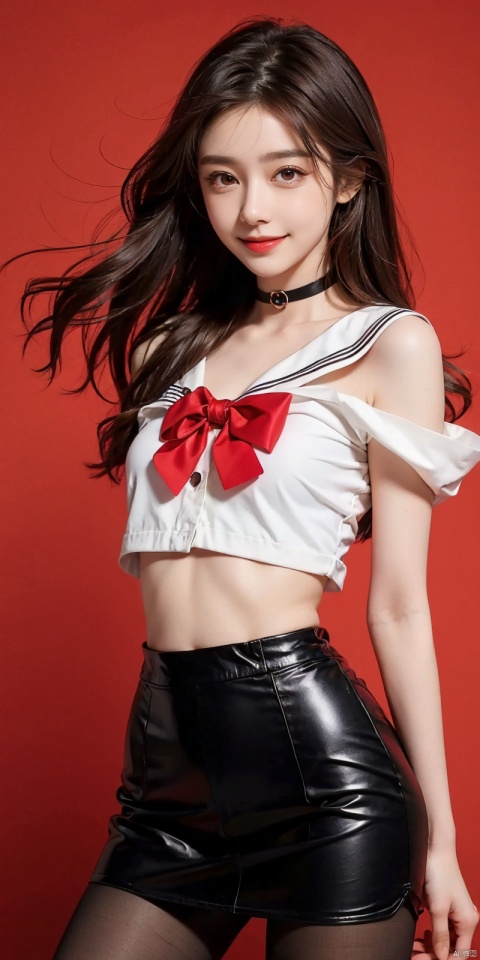  (Good structure),cowboy_shot, DSLR Quality,Depth of field ,looking_at_viewer,Dynamic pose, , kind smile,,
 A girl, Simple background, solo, , looking at viewer, smile, black hair, hair ornament, red eyes, bow, navel, closed mouth, school uniform, collarbone, pantyhose, thighs, Ultra-short leather pants, choker, midriff, hair flower, on back, bowtie, black pantyhose, petals, pink shirt, thigh strap, rose, black choker, red flower, black nails, white sailor collar, brown pantyhose, red choker, crop top overhang, Hands behind your back., best quality,wangyushan,eluosi, blackpantyhose