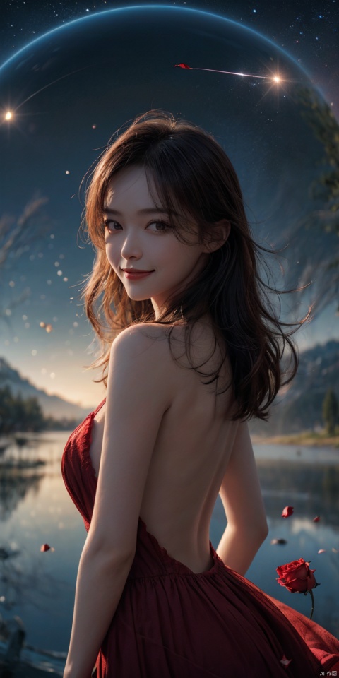  best quality, masterpiece, realistic,cowboy_shot,(Good structure), DSLR Quality,Depth of field,kind smile,looking_at_viewer,Dynamic pose, 1girl,
8k resolution, Masterpiece quality, High detail. from below,
Fantasy theme, cropped. {(1 girl:1.5),(close to viewer:1.8), ((looking at viewer:2), beautiful face, breasts), ((worm's eye shot:1.2)),perspective distortion}, (Panoramic view, fisheye lens effect:1.1). 
{(Strong backlighting, underexposure:1.4), (blocked shadows:0.8), depth of field(at 100mm focal length:1.2)}, (horizon:0.7), low key earth.
the starry sky feathering into the background, creating a sense of depth and gradient. Incorporating Droste Effect(an endless repetition and reflection:1.2). 
Surrounded by fluttering rose petals, reflected or casting dramatic shadows and highlights, {(meteor shower, planets:1.1), (Vermilion Comet:1.3)}. mesmerizing effect, a dreamlike ambiance of infinity. A vortex of rose petals, a starry sky vortex, , as, vortex, tyjf, sunyunzhu, guanxiaotong, tangyan