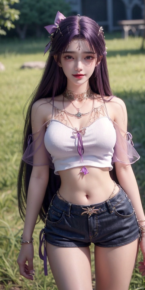  nai3, 1girl, shorts, solo, crop top, black shorts, choker, navel, shirt, midriff, crop top overhang, looking at viewer, white shirt, jewelry, breasts, cowboy shot, bare shoulders, short shorts, off-shoulder shirt, off shoulder, black choker, thighs, stomach, hand on own thigh, long hair, bracelet, short sleeves, ribbon, hand up, collarbone, hair ribbon, medium breasts, standing, high-waist shorts, dolphin shorts, bra strap, , hair ornament, thigh gap, necklace, expressionless, , , yunxi,purple hair,purple eyes,kind smile