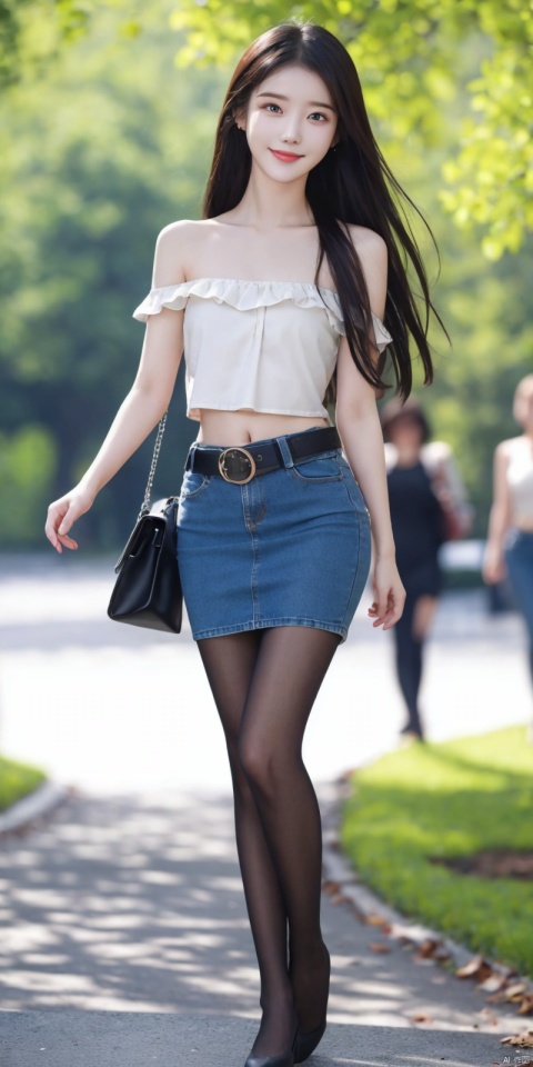  best quality, masterpiece, full_body,(Good structure), DSLR Quality,Depth of field,kind smile,looking_at_viewer,Dynamic pose,
 1girl, 3d, bare_shoulders, belt, blurry, blurry_background, blurry_foreground, branch, , , , collarbone, *******_photo, denim, denim_skirt, depth_of_field, , lips, long_hair, looking_at_viewer, midriff, miniskirt, motion_blur, navel, outdoors, photo_\(medium\), realistic, skirt, solo, standing, tree, , , , blackpantyhose, , , , , , , lizhien