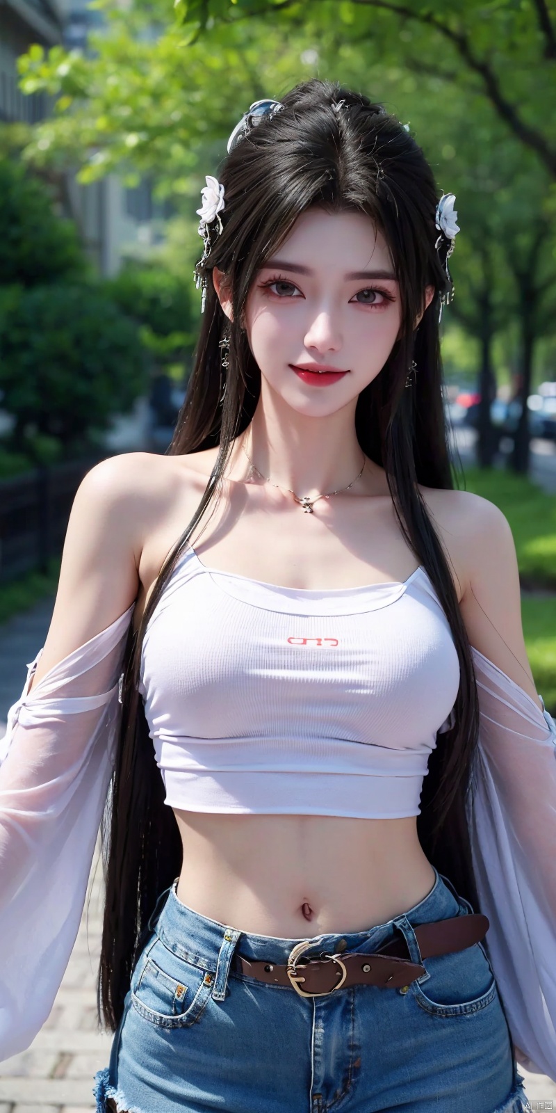  best quality, masterpiece, cowboy_shot,(Good structure), DSLR Quality,Depth of field,kind smile,looking_at_viewer,Dynamic pose,
 1girl, 3d, bare_shoulders, belt, blurry, blurry_background, blurry_foreground, branch, , , , collarbone, cosplay_photo, denim, denim_skirt, depth_of_field, , lips, long_hair, looking_at_viewer, midriff, miniskirt, motion_blur, navel, outdoors, photo_\(medium\), realistic, skirt, solo, standing, tree, , , , , qingyi
