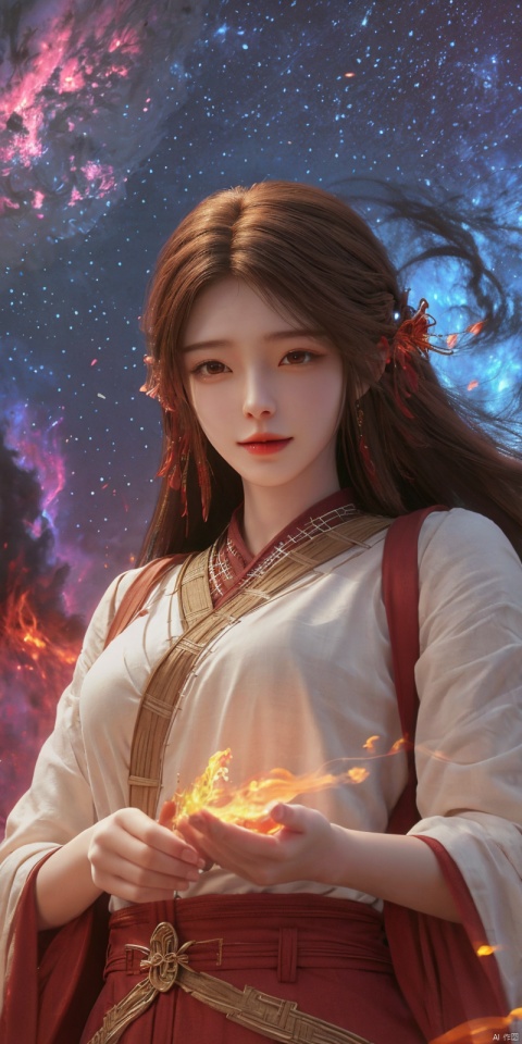  kind smile,looking_at_viewer,masterpiece, 1 girl, Look at me, Long hair, Flame, A magical scene, glowing, Floating hair, realistic, Nebula, An incredible picture, The magic array behind it, Stand, textured skin, super detail, best quality, , huolinger,dress, 1girl, qingyi, yunxi