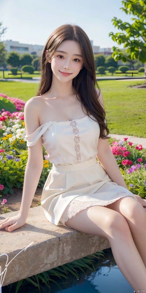 (Good structure), best quality, masterpiece, illustration, (reflection light), incredibly absurdres, ((Movie Poster), (signature:1.3), (English text), 1girl, girl middle of flower, pure sky,clear sky, outside, collarbone, sitting, absurdly long hair, clear boundaries of the cloth, white dress, fantastic scenery, ground of flowers, thousand of flowers, colorful flowers, flowers around her, various flowers,bare shoulders,skirt, sandals,,looking_at_viewer,kind smile, , tasha