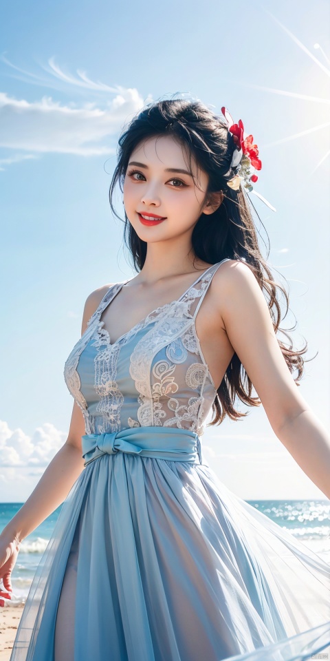  (Good structure),cowboy_shot, DSLR Quality,Depth of field ,looking_at_viewer,Dynamic pose, , kind smile,, Blue sky and white clouds on the beach,Masterpiece, (ultra wide angle lens: 1.2), Unity8k wallpaper, best quality, (detail shadow: 1.1), a beautiful girl, on a sea of light blue silk, translucent silk, floating light blue silk, surrealist style, minimalism, highly detailed texture, light blue, white clean background, CG rendering, light passing through clouds, 8k resolution, (motion photo: 1.2), (Fidelity: 1.4), original photos, movie lighting, 1girl,, , ,kind smile, , weddingdress,, zhulin