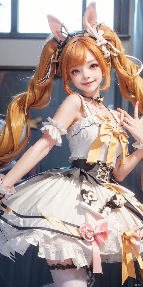  (Good structure), DSLR Quality,Depth of field,kind smile,looking_at_viewer,Dynamic pose, ,(wariza),,Girl, bare shoulders, , boobs, bow tie, ,purple eyes, cat ears, collar, ((Lolita Dress: 1.4)) , blue and white Lolita dress, wrinkled leg outfit, hand-held, lips, nose, shoulders, , alone, long_hair, kind smile, looking at the audience, white leg costume, wrist cuffs, 1girl,,looking_at_viewer, , lolidress , anqila,orange hair,twintails,yelloweyes