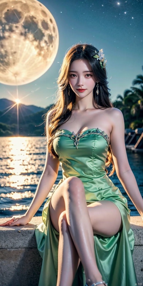  cowboy_shot,(Good structure), DSLR Quality,Girl, bare legs, black hair, (light green strapless tulle dress) , crossed legs, clothes, earth (planet) , Meteor, beautiful night sky, flowers, full moon, lake, lips, long hair, moon, night, ocean, petals, planet, coast, sitting, feet soaked, solo, very long hair, water, , kind smile, 1girl, dress, ((poakl)), , liushen