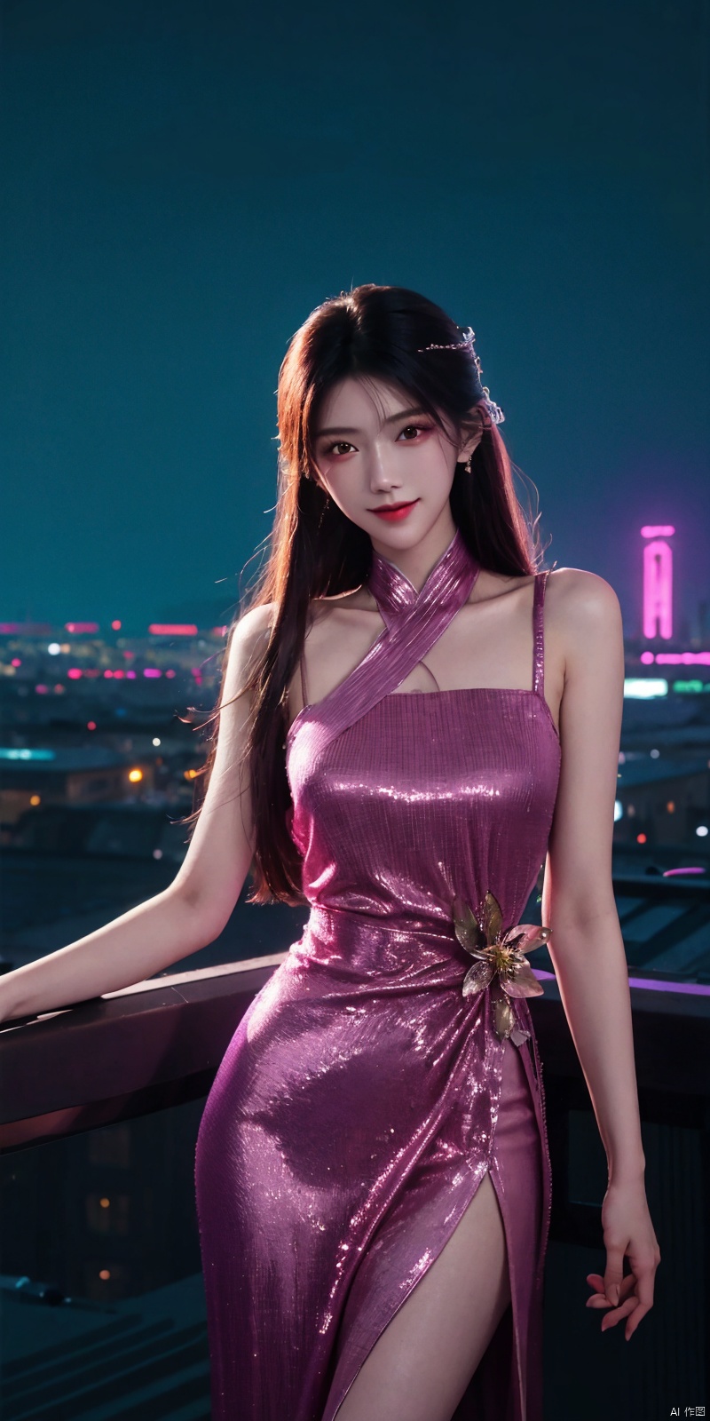  best quality, masterpiece, realistic,cowboy_shot,(Good structure), DSLR Quality,Depth of field,kind smile,looking_at_viewer,Dynamic pose, 
neonpunk style Neon noir leogirl,hANMEIMEI,realistic photography,,On the rooftop of a towering skyscraper,a girl stands,facing the camera directly. Behind her,a multitude of skyscrapers stretches into the distance,creating a breathtaking urban panorama. It's the perfect dusk moment,with the evening sun casting a warm glow on the girl's face,intensifying the scene's impact. The photo captures a sense of awe,with the sharpness and realism making every detail vivid and clear,Hair fluttered in the wind,long hair,halterneck, . cyberpunk, vaporwave, neon, vibes, vibrant, stunningly beautiful, crisp, detailed, sleek, ultramodern, magenta highlights, dark purple shadows, high contrast, cinematic, ultra detailed, intricate, professional, , , , , , dress, blue dress, ,  ,jinpinger