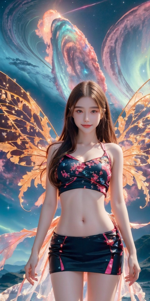  best quality, masterpiece, cowboy_shot,(Good structure), DSLR Quality,Depth of field,kind smile,looking_at_viewer,Dynamic pose, , 1girl, wings, solo, nebula wings, , long hair, navel, dress, pink wings, looking at viewer, star \(sky\), , , bare shoulders, sky, starry sky, collarbone, realistic, nebula,,,,, xuancaiqun, , , tasha