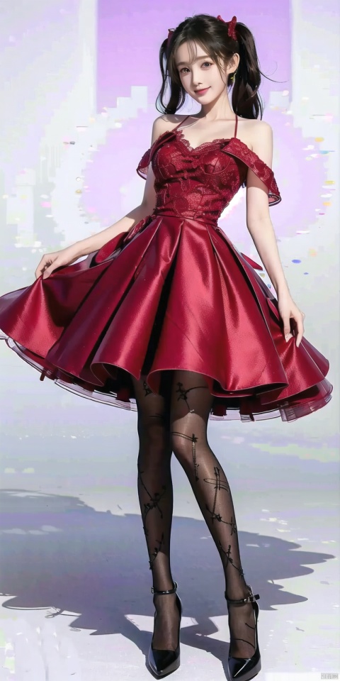  Masterpiece,High Resolution,official art,
1girl,18yo,full body,standing, (smile), bare shoulders,(red_dress:1.2),V-neck,((white_lace_edge)),The skirt fits the curves of the body,((black_pantyhose:1.2)),high heels,big chest,twintails,(white_background),simple background, sssr, Hourglass body shape, litongqin, blackpantyhose, ((poakl))