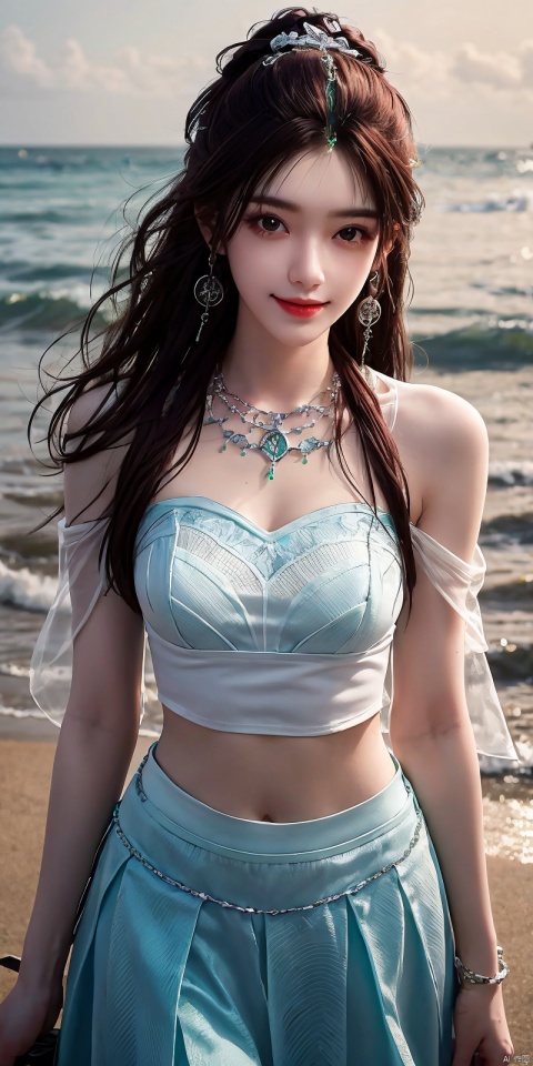  best quality, masterpiece, realistic,cowboy_shot,(Good structure), DSLR Quality,Depth of field,kind smile,looking_at_viewer,Dynamic pose, 
1girl, solo, long hair, , looking at viewer, skirt, hair ornament, bare shoulders, jewelry, , black hair, earrings, outdoors, midriff, water, necklace, lips, crop top, grey eyes, leaning forward, ocean, white skirt, strapless vest, sunset, sun, ,  , yeqinxian,brown_hair