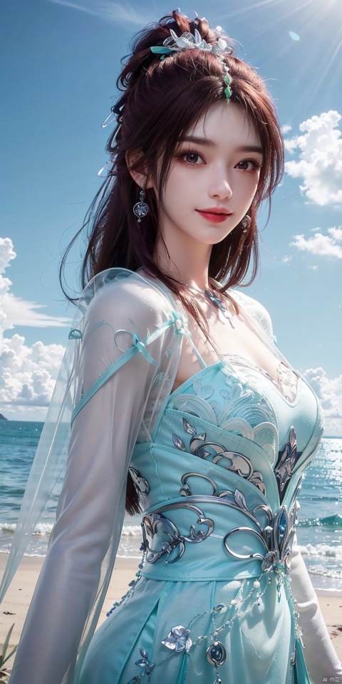  (Good structure),cowboy_shot, DSLR Quality,Depth of field ,looking_at_viewer,Dynamic pose, , kind smile,, Blue sky and white clouds on the beach,Masterpiece, (ultra wide angle lens: 1.2), Unity8k wallpaper, best quality, (detail shadow: 1.1), a beautiful girl, on a sea of light blue silk, translucent silk, floating light blue silk, surrealist style, minimalism, highly detailed texture, light blue, white clean background, CG rendering, light passing through clouds, 8k resolution, (motion photo: 1.2), (Fidelity: 1.4), original photos, movie lighting, 1girl,, , ,kind smile, , weddingdress,,, yeqinxian