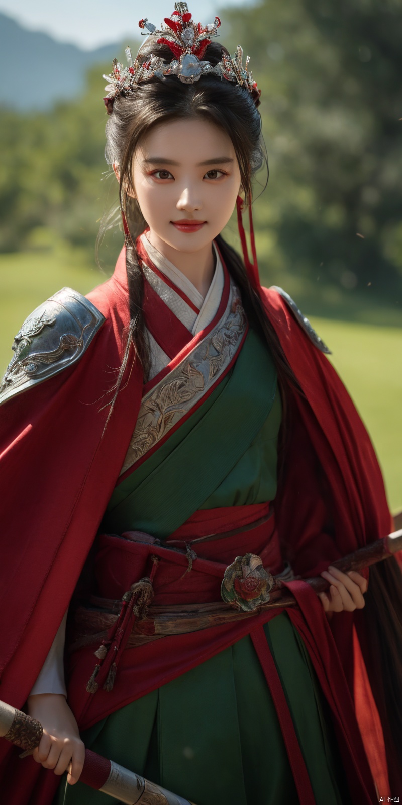 best quality, masterpiece, realistic,cowboy_shot,(Good structure), DSLR Quality,Depth of field,kind smile,looking_at_viewer,Dynamic pose, 
, 1girl,Wearing a jade crown, shining silver armor, a. Treading towards the sky with   tendon boots; Wearing a crimson cloak on her shoulders, carrying a three foot green blade on her waist, and carrying an iron tire bow on her back, coupled with her tall figure and resolute expression,Facing the camera, liuyifei,  