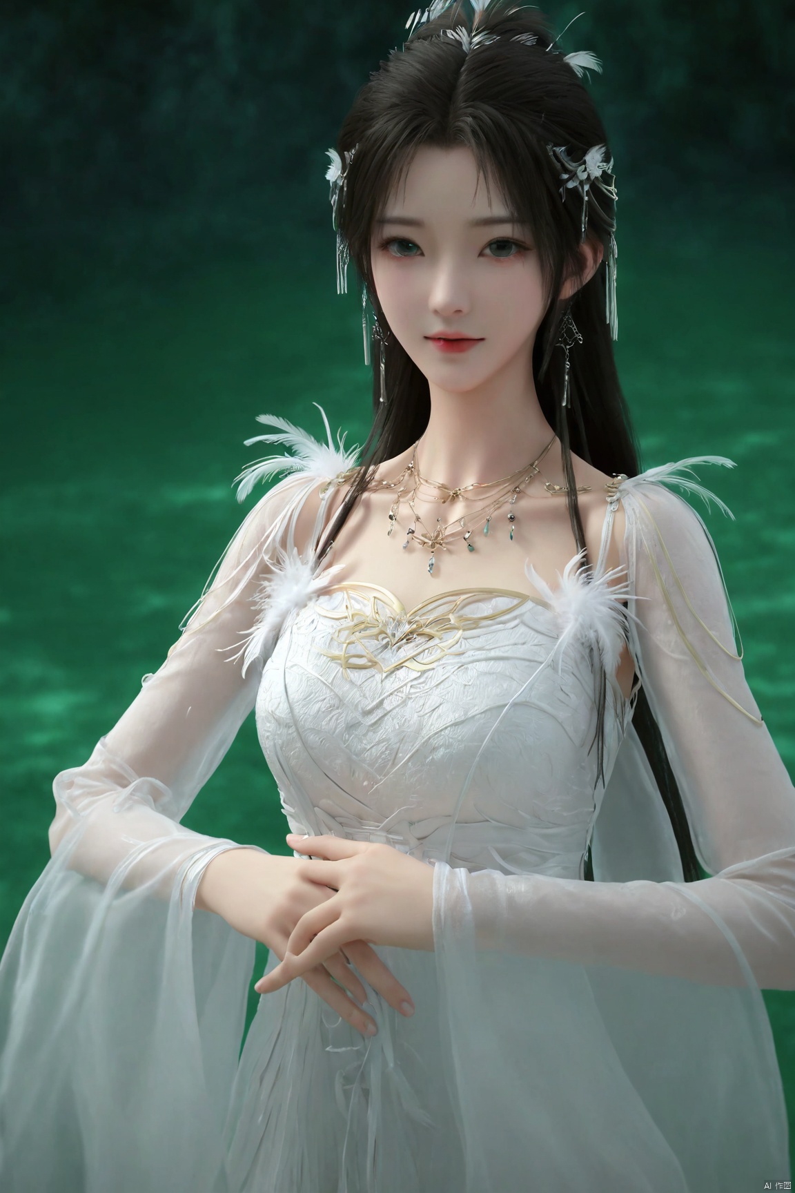  (Good structure),(realistic girl), DSLR Quality,Depth of field ,looking_at_viewer,Dynamic pose, 1girl,a gorgeous long dress made of feathers,green feather,huge feathers,complex background,beautiful background,(feathers everywhere:1.3),depth of field level,qingyi,kind smile,looking_at_viewer,Dynamic pose, qingyi