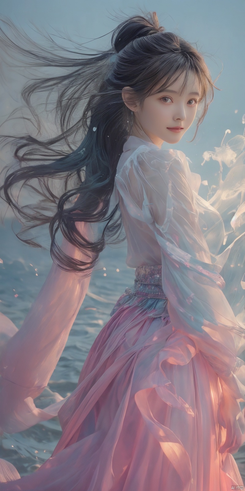  best quality, masterpiece, cowboy_shot,(Good structure), DSLR Quality,Depth of field,kind smile,looking_at_viewer,Dynamic pose, 
 Surrealism Dream Style,glowing neon color,RAW photo,at night,1girl,solo,sea,black hair,ponytail,looking at viewer,long hair,up,lips,sash,water splaashing,hair ornament,realistic,wide sleeves,hanfu,long dress,Semi transparent gauze skirt,surrealist,Best quality,masterpiece,ultra high res,Petal skirt,wind,flowers,bloom,Clouds,smoke,neon lights, 80sDBA style, 1 girl, , , wangyushan