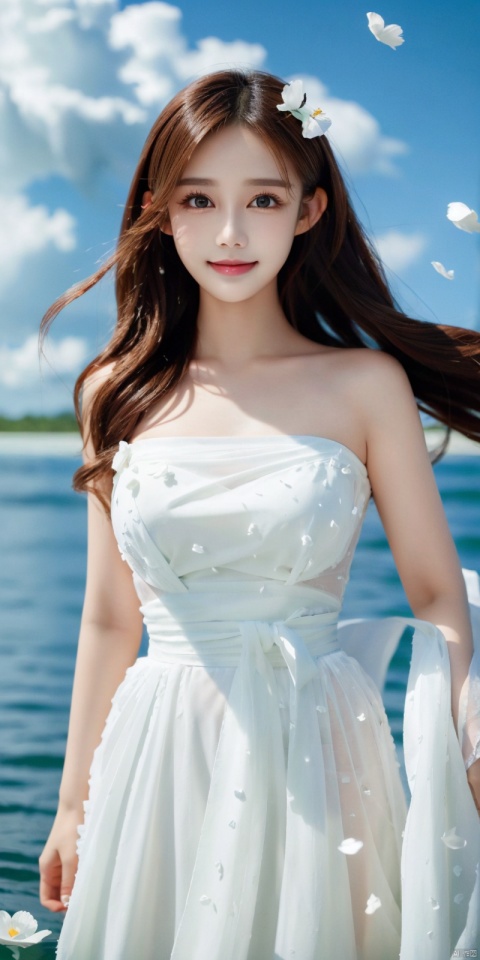  DSLR, depth of field, (1girl:1.2), , very long hair, low twintails, yellow eyes, light smile, looking at viewer, white shirt, white skirt, (flying white chiffon:1.5), bare shoulder, (flying blue petals:1.2), (standing above water surface), sky background, (cloud:1.2), white bird, floating water drops, (white border:1.2) , 
backlight, , jujingyi, taoist robe, ll-hd,(((large breasts)), depth of field,,  ((poakl)), litongqin