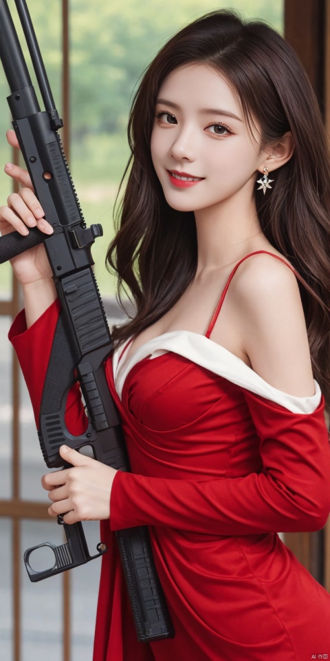 best quality, masterpiece, realistic,cowboy_shot,(Good structure), DSLR Quality,Depth of field,kind smile,looking_at_viewer,Dynamic pose, 
1girl, solo, long hair, breasts, looking at viewer, brown hair, long sleeves, dress, holding,, bare shoulders, jewelry, , standing, weapon, cowboy shot, earrings, outdoors, detached sleeves, indoors, holding weapon, gun,, , blurry background, red dress,  holding gun, rifle, forehead, , assault rifle, kalashnikov rifle, ar-15  , , , zhangyuxi