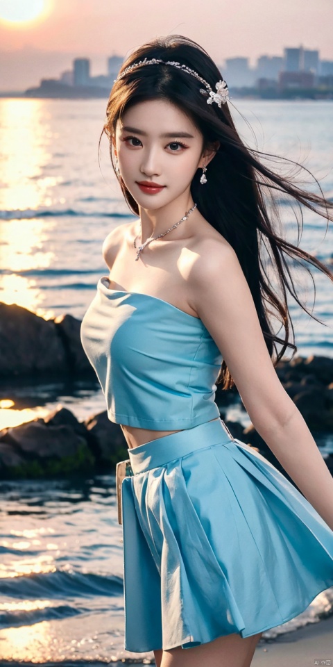  (Good structure),cowboy_shot, DSLR Quality,Depth of field ,looking_at_viewer,Dynamic pose, , kind smile,,
1girl, solo, long hair, , looking at viewer, skirt, hair ornament, bare shoulders, jewelry, , black hair, earrings, outdoors, midriff, water, necklace, lips, crop top, grey eyes, leaning forward, ocean, white skirt, strapless vest, sunset, sun, ,  liuyifei