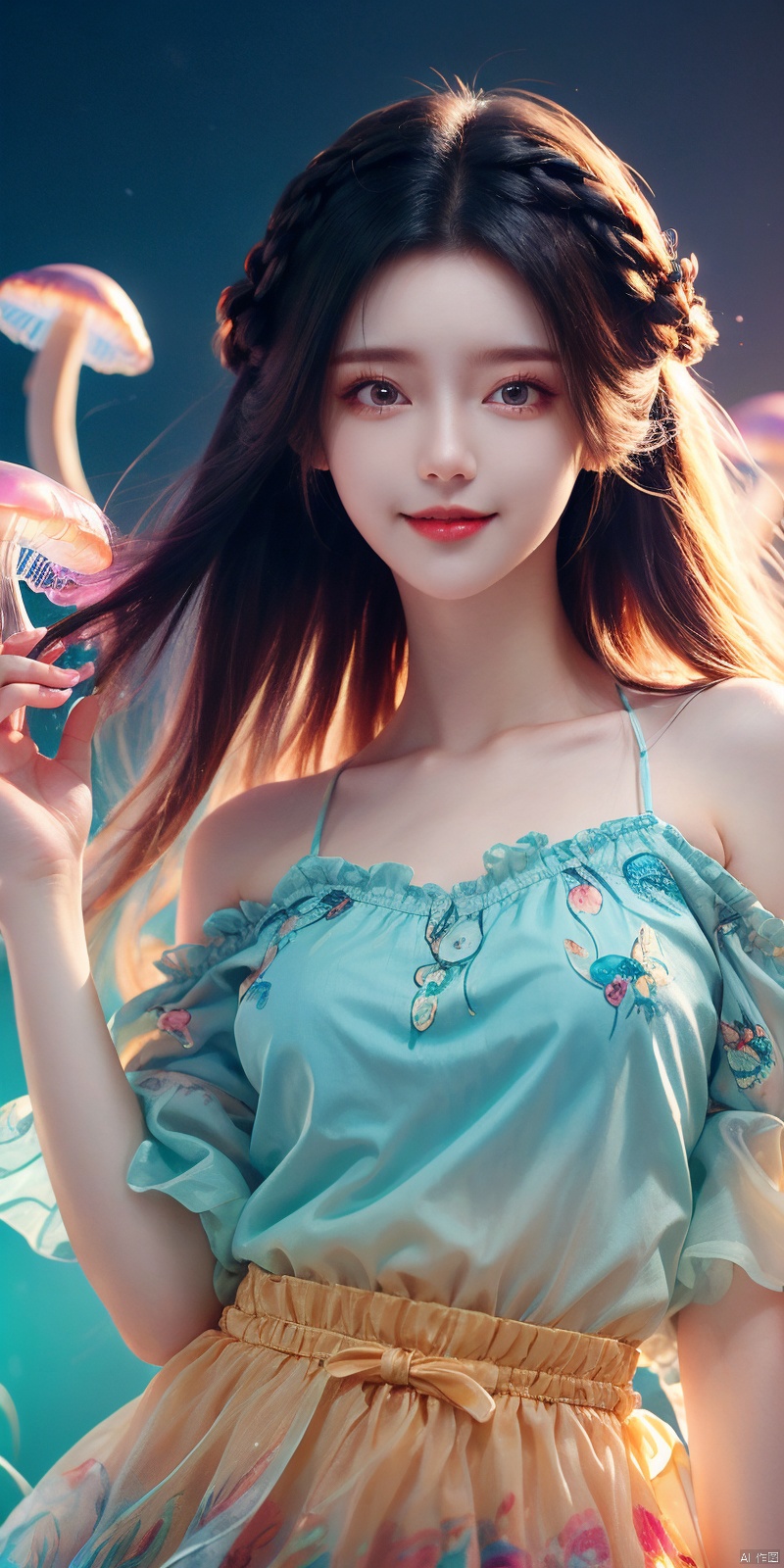  best quality, masterpiece, cowboy_shot,(Good structure), DSLR Quality,Depth of field,kind smile,looking_at_viewer,Dynamic pose, 
Colorful Girl, 1Girl,Colorful jellyfish, colorful jellyfish floating in the air,Close shot, large jellyfish on head, front, upper body, above thighs, blue **** top dress, complex fluid shaped colored short skirt at waist, off shoulder, colorful print, looking at the camera, colored gradient hair, dark gradient background, depth of field, glow, hand101, 1girl, jiangli