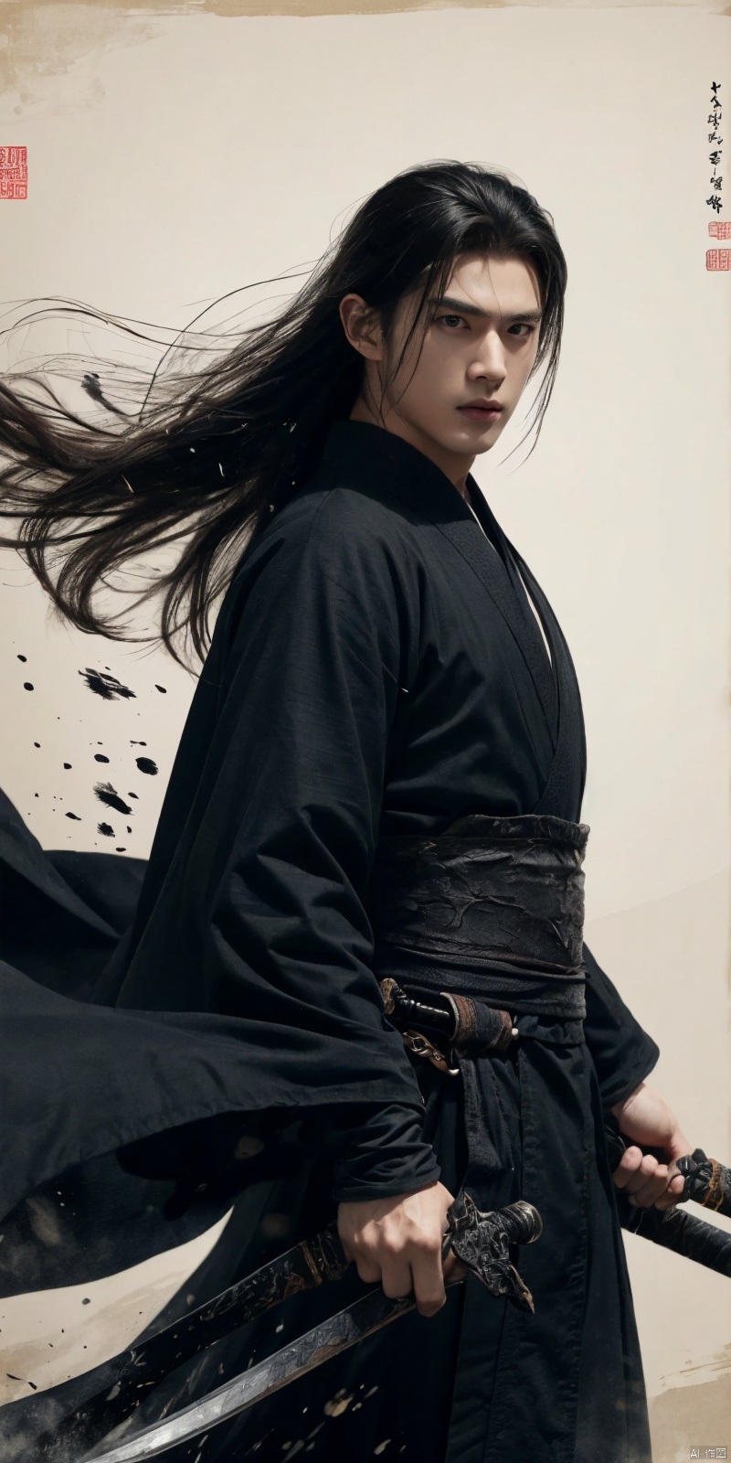  sdmai, wuxia, Chinese ink painting, artistic ink painting, Chinese martial arts films, wearing black robes, fighting posture, cinematic grandeur, splashing details, wild and powerful, solo, weapon, black hair, sword, long hair, male focus, looking at viewer, 1boy, scar, asuo, ((poakl)), 1girl