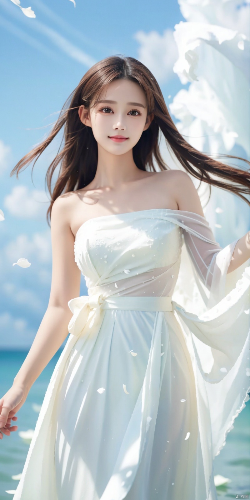  DSLR, depth of field, (1girl:1.2), , very long hair, low twintails, yellow eyes, light smile, looking at viewer, white shirt, white skirt, (flying white chiffon:1.5), bare shoulder, (flying blue petals:1.2), (standing above water surface), sky background, (cloud:1.2), white bird, floating water drops, (white border:1.2) , 
backlight, , jujingyi, taoist robe, ll-hd,(((large breasts)), depth of field,,  ((poakl)), litongqin