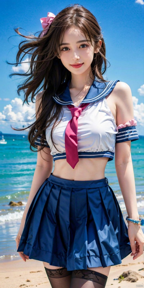  cowboy shot,(Good structure), DSLR Quality,Blue sky and white clouds on the beach,(high-detail skin) , 8K ultra-hd, , high quality, high resolution,(photo realistic: 1.3) 
, sailor senshi uniform,pink bow,pink necktie,pink sailor collar,pinkskirt,black pantyhose, , ,kind smile,  nazha, ((poakl))