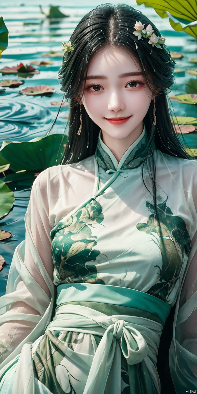  (Good structure), DSLR Quality,Depth of field,kind smile,looking_at_viewer,Dynamic pose,,
A girl, lying in the water, in a green pool, covered with lotus leaves, dressed in gauze-like Hanfu,hedress,Smile, wet clothes,Wet hair, liushen, chinese dress