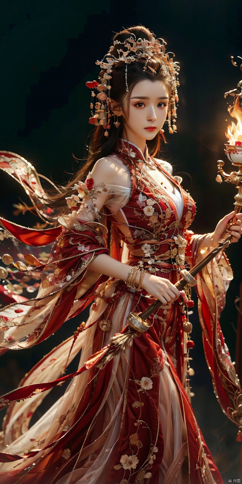  cowboy shot,(Good structure), DSLR Quality,Depth of field,kind smile,looking_at_viewer,Dynamic po,masterpiece, official art, extremely detailed cg unity 8k wallpaper, highly detailed, absurdres, 8k resolution, 1girl, long hair, solo, black hair, dress, holding, fire, white dress, staff, jewelry, dark skin, long dress, breasts, weapon, polearm, holding staff, bracelet, looking at viewer, dark-skinned female, , torn clothes, blood, spear, holding weapon, medium breasts, floating hair, closed mouth, embers, holding polearm , depth of field, panorama, cinematic lighting, ray tracing, ((poakl)), chineseclothes, hanikezi