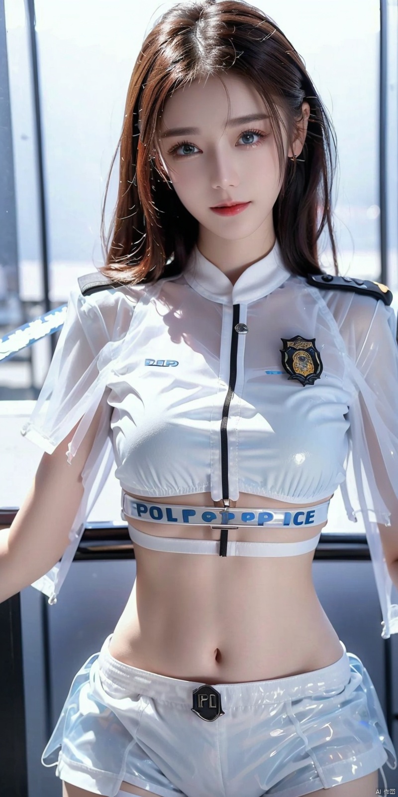  DSLR, (Good structure), ,High quality, masterpiece, 1Girl, Earstuds, blue eyes,Earstuds, blue eyes, black hair, (translucent white police uniform: 1.5), navel exposed, (translucent shorts: 1.3), thigh exposed, (supermodel pose),smile,(solo),（Different postures）,Pink hair,(Perfect hand lines),, 1 girl, ,, dililengba