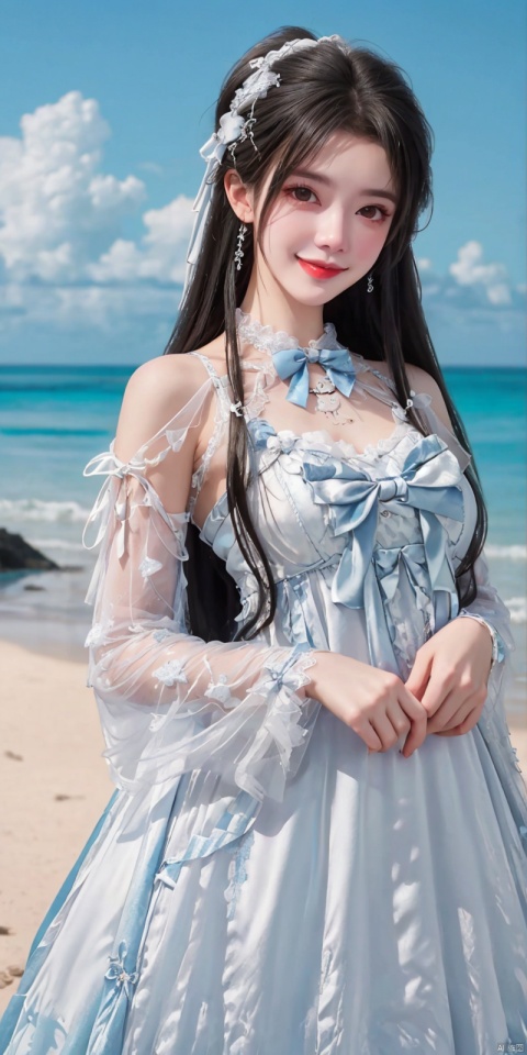  (Good structure), DSLR Quality,Depth of field,kind smile,looking_at_viewer,Dynamic pose, ,(wariza),,Girl, bare shoulders, , boobs, bow tie ,black eyes, collar, Blue sky, white clouds, beaches, seawater, crystal stones,((Lolita Dress: 1.4)) , blue and white Lolita dress, wrinkled leg outfit, hand-held, lips, nose, shoulders, , alone, long_hair, kind smile, looking at the audience, white leg costume, wrist cuffs, 1girl,,looking_at_viewer, , lolidress, qingyi,dress