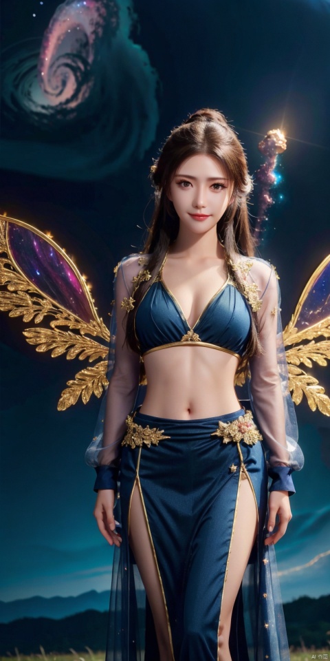  (Good structure), DSLR Quality,Depth of field,kind smile,looking_at_viewer,Dynamic pose, 1girl, wings, solo, nebula wings, , long hair, navel, dress, pink wings, looking at viewer, star \(sky\), , , b, sky, starry sky, collarbone, realistic, nebula, ((poakl)),, nangongwan