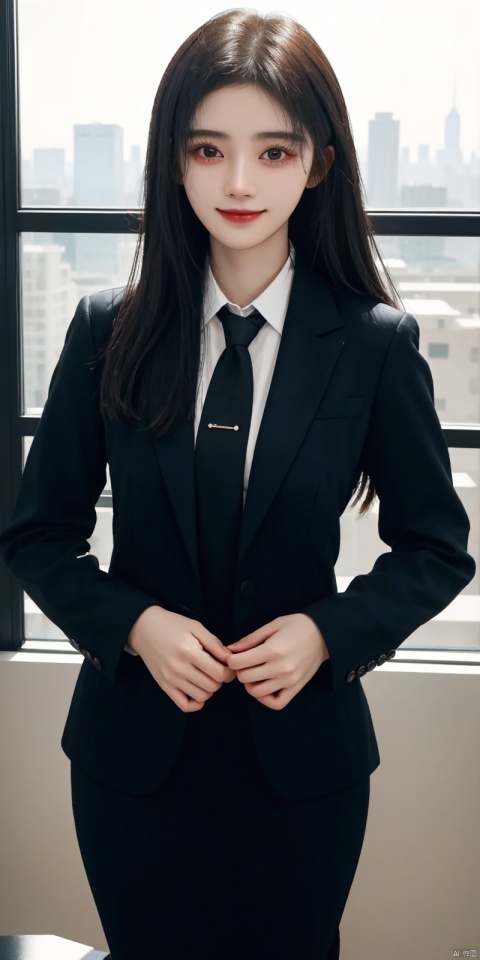  best quality, masterpiece, cowboy_shot,(Good structure), DSLR Quality,Depth of field,kind smile,looking_at_viewer,Dynamic pose, 
Modern businesswoman, dressed in a sleek suit and tie, posing confidently in a modern office setting, cityscape view through the window, focused expression, powerful pose, professional attire, realistic lighting, sharp focus., jujingyi