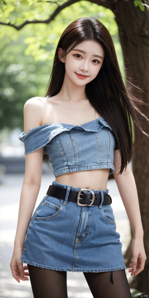  best quality, masterpiece, cowboy_shot,(Good structure), DSLR Quality,Depth of field,kind smile,looking_at_viewer,Dynamic pose,
 1girl, 3d, bare_shoulders, belt, blurry, blurry_background, blurry_foreground, branch, , , , collarbone, cosplay_photo, denim, denim_skirt, depth_of_field, , lips, long_hair, looking_at_viewer, midriff, miniskirt, motion_blur, navel, outdoors, photo_\(medium\), realistic, skirt, solo, standing, tree, , , , blackpantyhose, , , sunyi