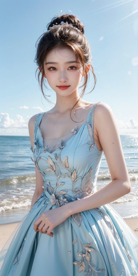  best quality, masterpiece, cowboy_shot,(Good structure), DSLR Quality,Depth of field,kind smile,looking_at_viewer,Dynamic pose, 
, Blue sky and white clouds on the beach,Masterpiece, (ultra wide angle lens: 1.2), Unity8k wallpaper, best quality, (detail shadow: 1.1), a beautiful girl, on a sea of light blue silk, translucent silk, floating light blue silk, surrealist style, minimalism, highly detailed texture, light blue, white clean background, CG rendering, light passing through clouds, 8k resolution, (motion photo: 1.2), (Fidelity: 1.4), original photos, movie lighting, 1girl,, ,,kind smile, , weddingdress, , guanxiaotong, 