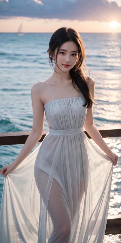  best quality, masterpiece, realistic, ,(Good structure), DSLR Quality,Depth of field,kind smile,looking_at_viewer,Dynamic pose, 
1girl, solo, looking at viewer, , ,, , bangs, black hair, dress, ribbon, bare shoulders, brown eyes, standing, collarbone, :d, outdoors, sky, sleeveless, cloud, signature, blunt bangs, water, white dress, bare arms, black ribbon, sleeveless dress, ocean, sunlight, wading, sunset, skirt hold, sun, horizon, sundress, see-through silhouette, liuyifei