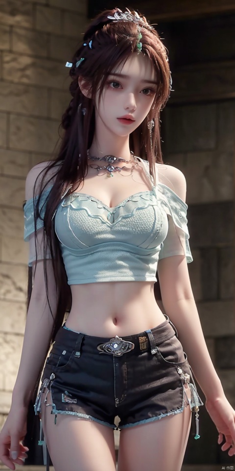  nai3, 1girl, shorts, solo, crop top, black shorts, choker, blue eyes, black hair, navel, shirt, midriff, crop top overhang, looking at viewer, white shirt, jewelry, breasts, cowboy shot, bare shoulders, short shorts, off-shoulder shirt, off shoulder, black choker, thighs, stomach, hand on own thigh, long hair, bracelet, short sleeves, ribbon, hand up, collarbone, hair ribbon, medium breasts, standing, high-waist shorts, dolphin shorts, bra strap, closed mouth, hair ornament, thigh gap, bangs, necklace, expressionless, , yeqinxian