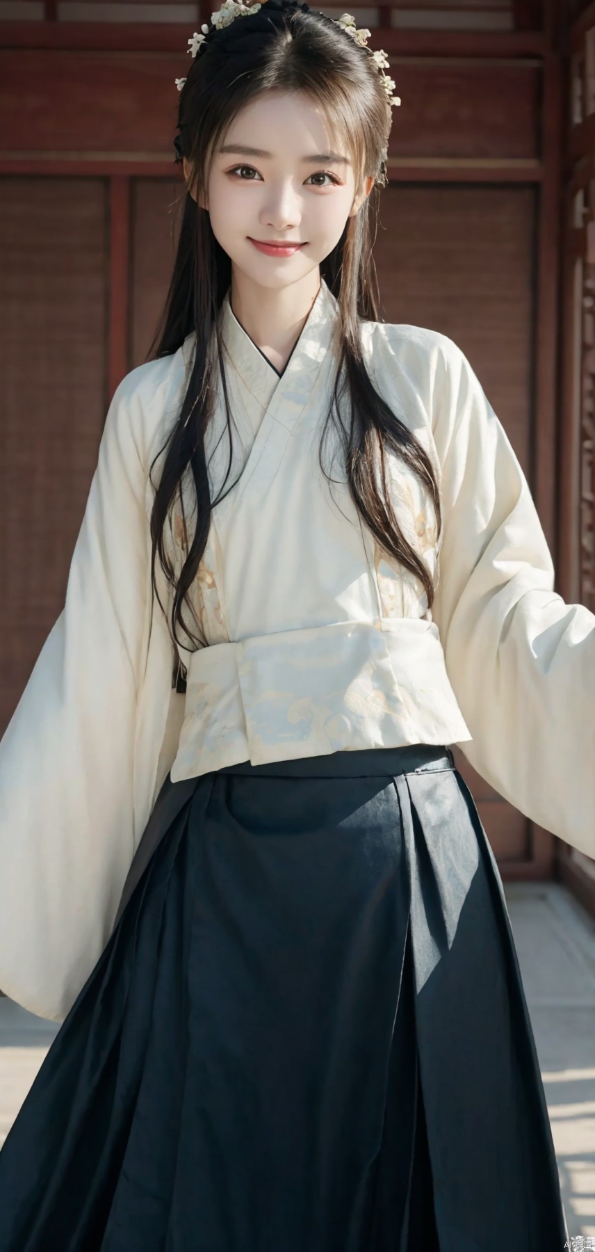 best quality, masterpiece, realistic,cowboy_shot,(Good structure), DSLR Quality,Depth of field,kind smile,looking_at_viewer,Dynamic pose, 
1girl,lianmo,chinese clothes,dress,skirt,long skirt, ,long sleeves,hanfu,hakama skirt,mamianqun,white shirt, black dress,black ,skirt